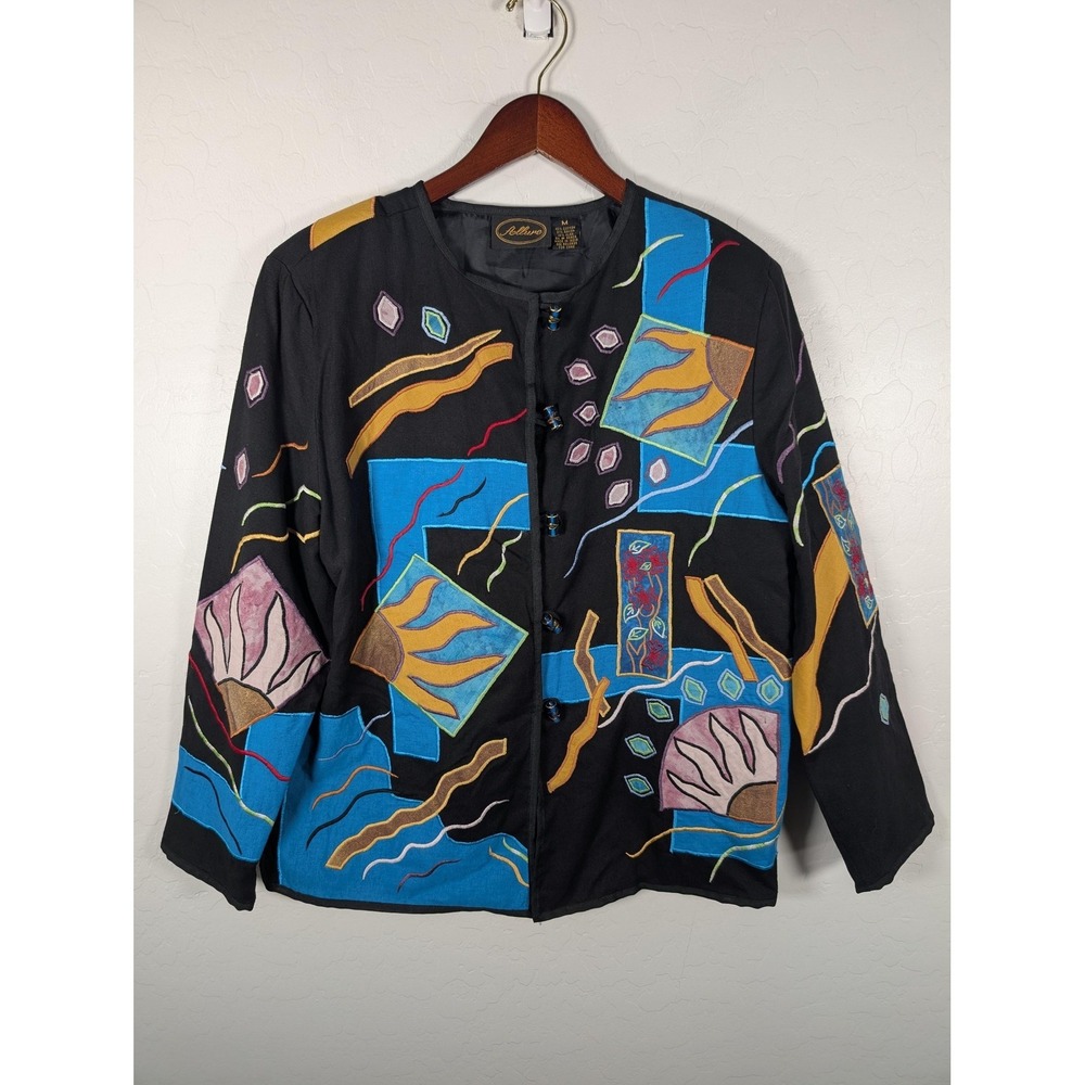 Allure Jacket Womens Medium Black Abstract Embroidered Toggle Boho Art Colorful